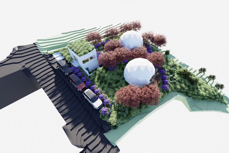 Parque de Glamping com Domos e Edifício de Apoio