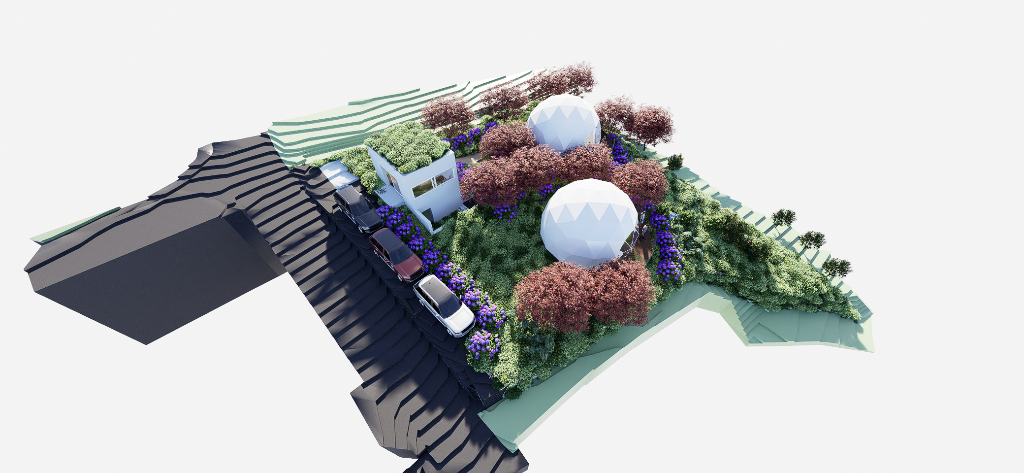Parque de Glamping com Domos e Edifício de Apoio